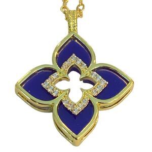 Blue Enamel Quatrefoil Flower Pendant Necklace with Crystal Accents